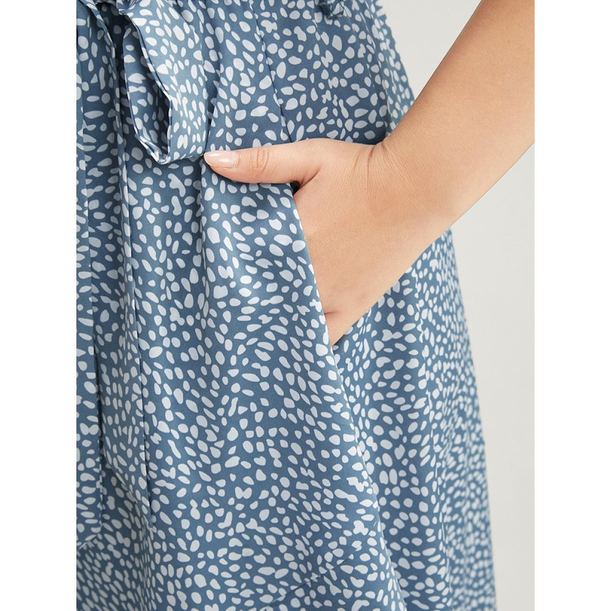 Plus Size Polka Dot Split Sleeve Ruffle Pocket Belted Asymmetrical Hem Dress LightBlue Women Elegant Cross straps V-neck Short sleeve Curvy Midi Dress BloomChic 30/6X Product Image