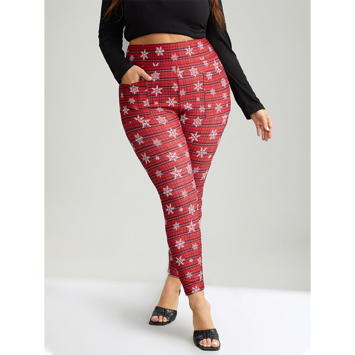Plus Size Plaid & Snow Print Pocket Skinny Ankle Leggings Women Scarlet Casual Medium stretch Skinny High Rise Festival-Christmas Leggings BloomChic 18-20/2X Product Image