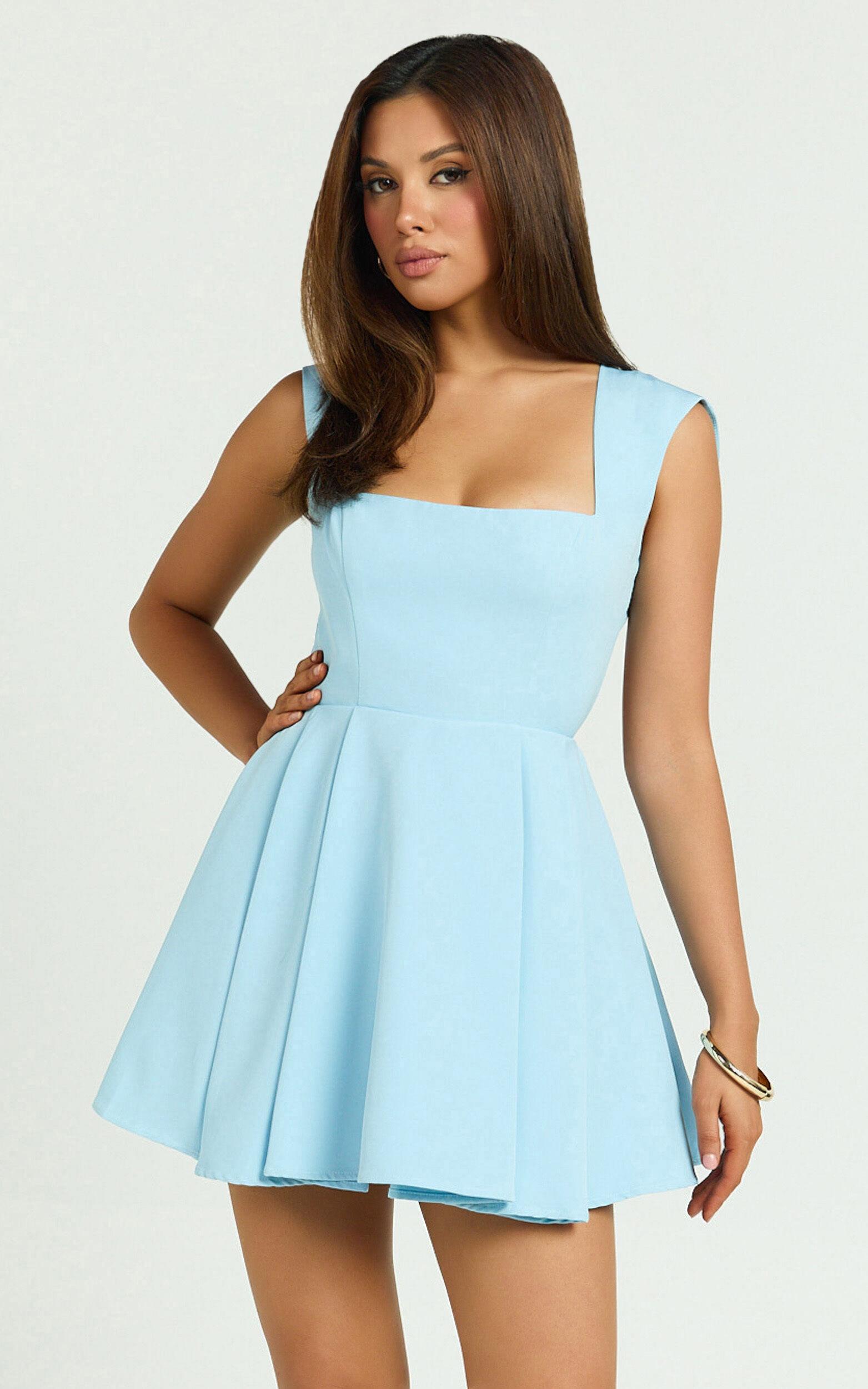 Adira Mini Dress - Square Neck Corset Bodice Pleat Skirt Backless Dress in Blue Product Image