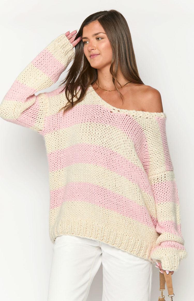 Delvey Pink Striped Chunky Knit Sweater Baby Product Image