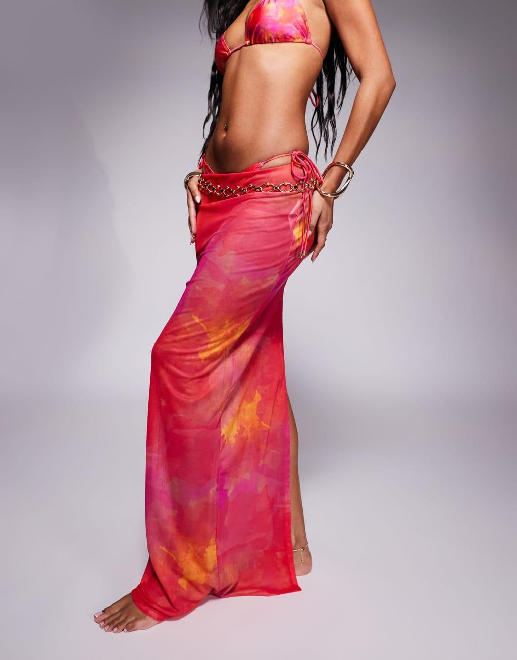 South Beach abstract print mesh maxi beach skirt in pink Product Image