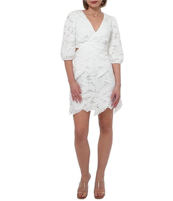 Adelyn Rae Lace V-Neck Short Sleeve Side Cutout Sheath Mini Dress Product Image