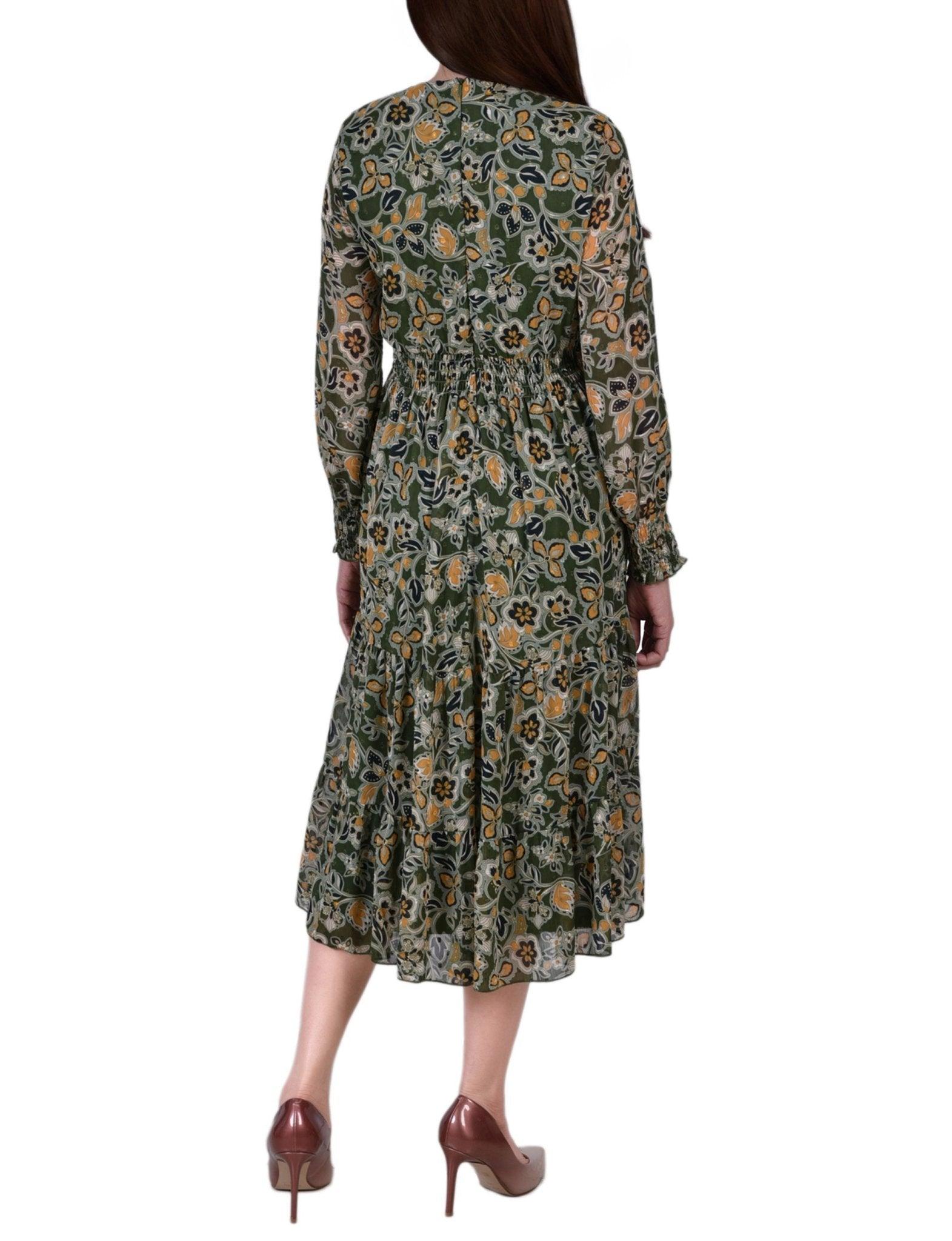Olive Floral Long Sleeve Clip Dot Chiffon Dress With Smocked Waist and Cuffs - Petite Product Image
