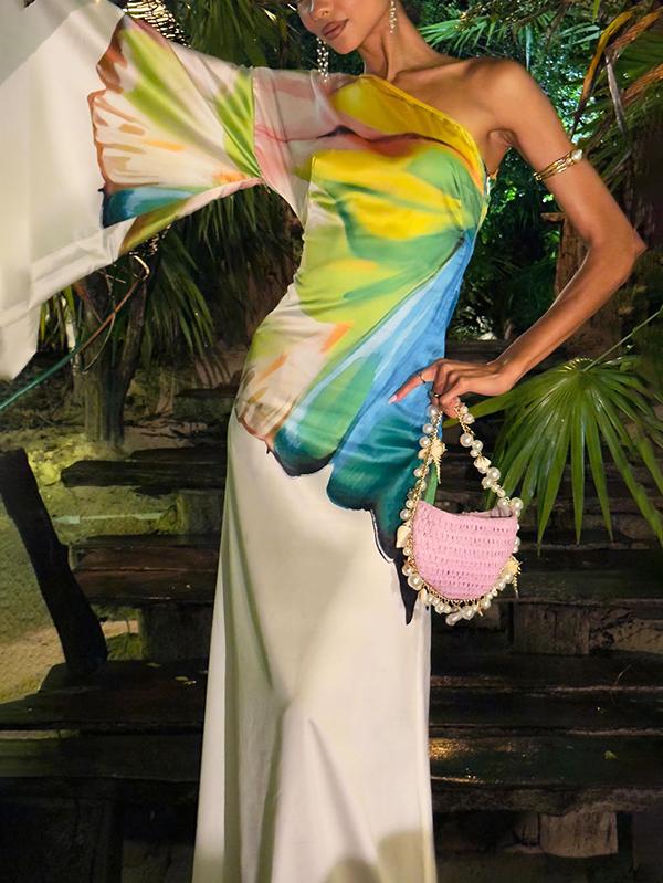 Long Sleeves Loose Asymmetric Flower Print One-Shoulder Maxi Dresses Product Image