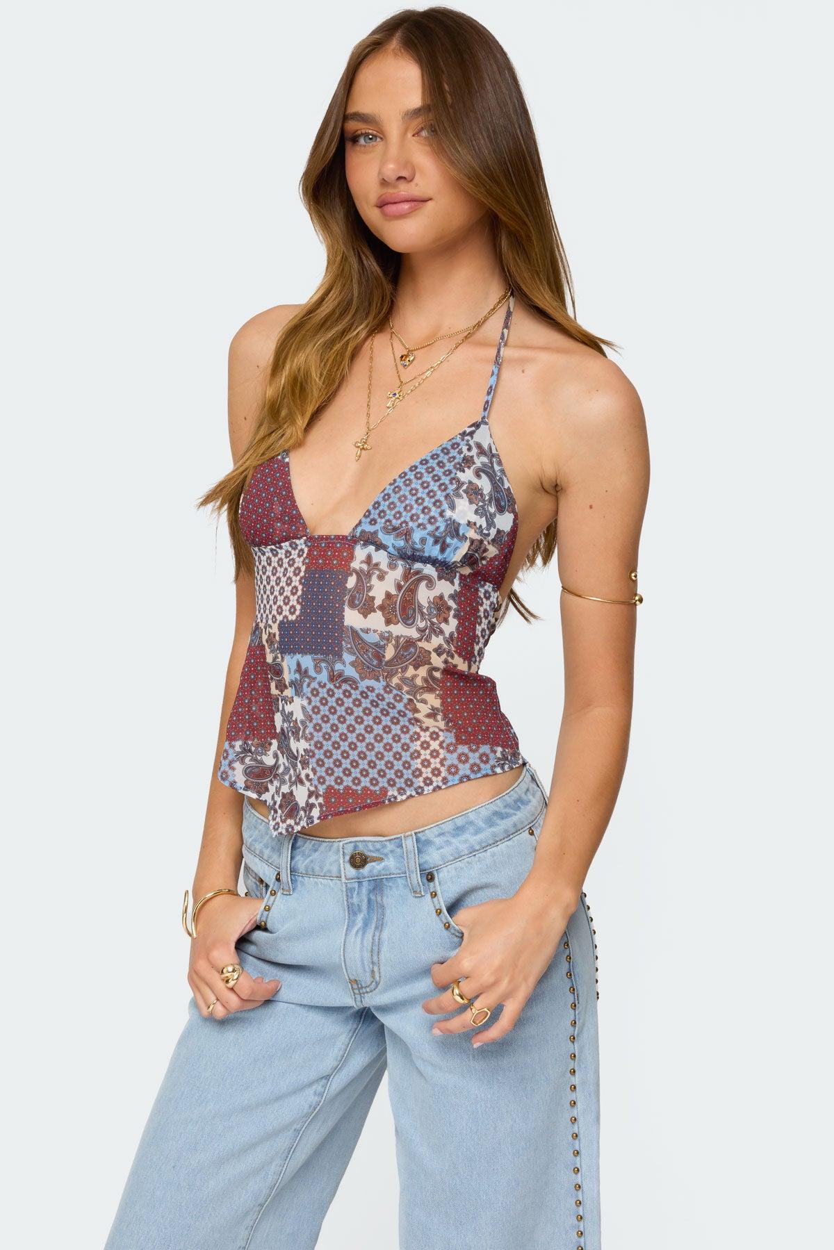 Mixed Patchwork Chiffon Halter Top Product Image