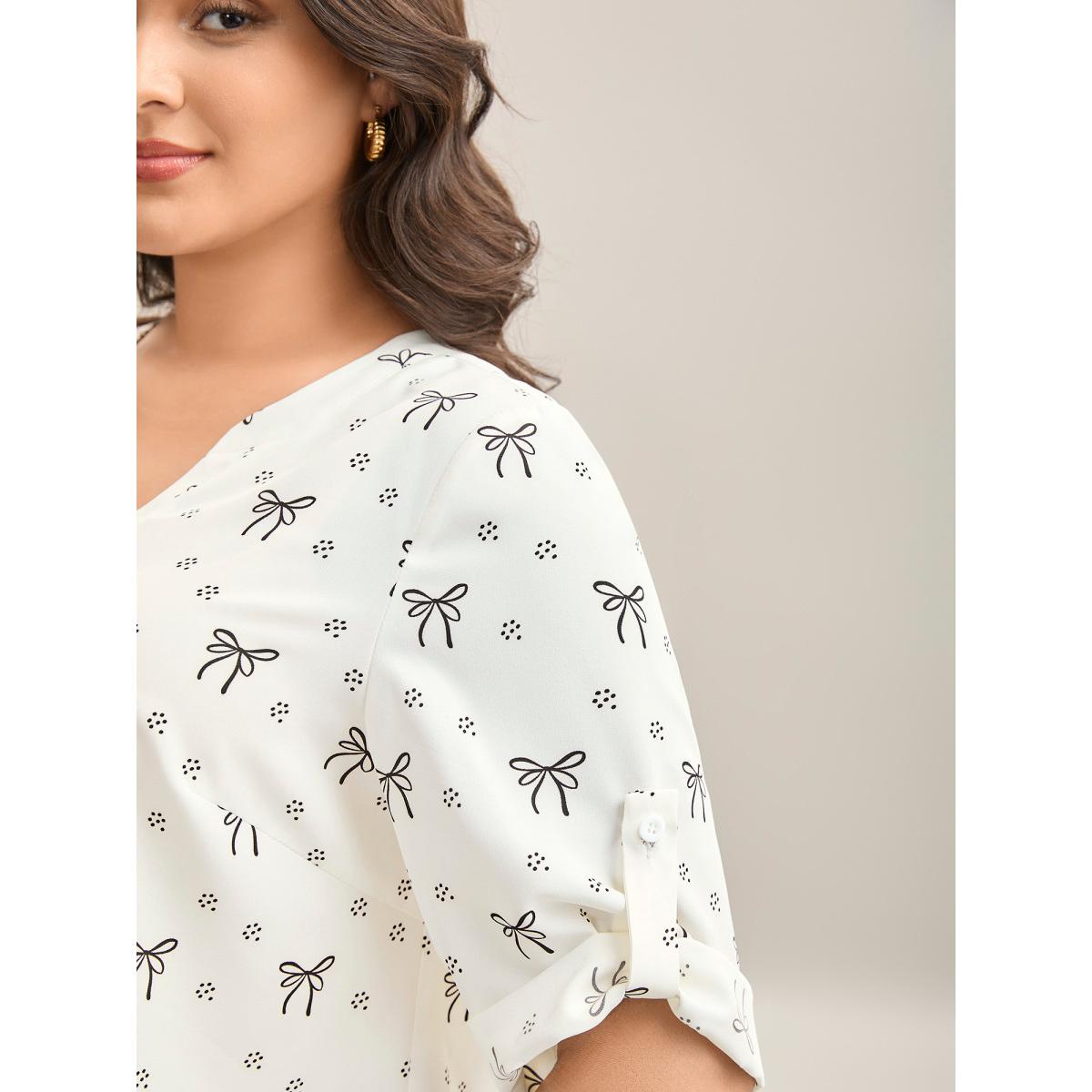 Plus Size Originalwhite Bow Fun Print Notched Collar Shirt Women Elbow-length sleeve Notched collar Work Blouses BloomChic 18-20/2X Product Image