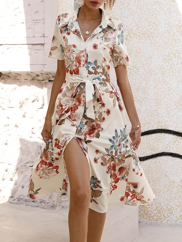 A-Line Loose Buttoned Flower Print Tied Waist Lapel Midi Dresses Product Image