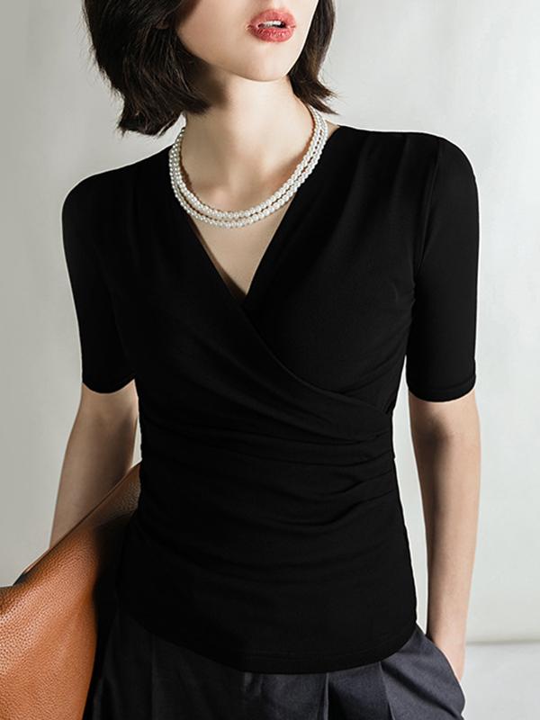 Half Sleeves Skinny Pleated Solid Color V-Neck T-Shirts Tops Product Image