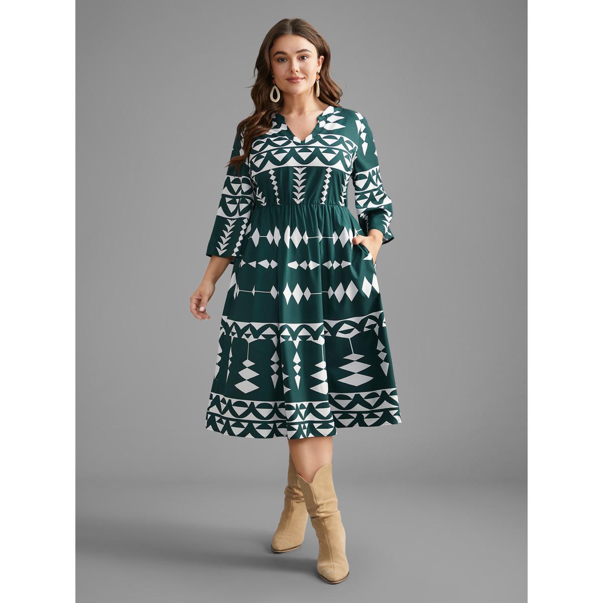 Plus Size Geometric Pattern Elastic Waist Midi Dress Cyan Women Resort Non Flat collar with V-notch Elbow-length sleeve Curvy BloomChic 22-24/3X Product Image