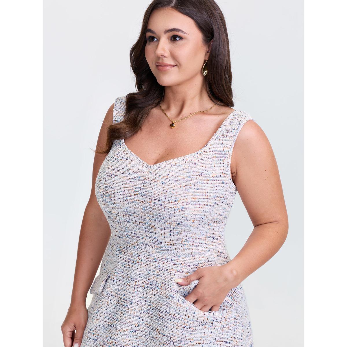 Plus Size Stretchy Tweed Shirred Back Pockets Midi Dress Multicolor Women Timeless Heart neckline Sleeveless Curvy BloomChic 30/6X Product Image