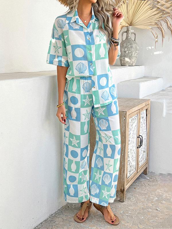 Loose Buttoned Contrast Color Lapel T-Shirt Top + Elasticity Pockets High Waisted Pants Bottom Two Pieces Set Product Image