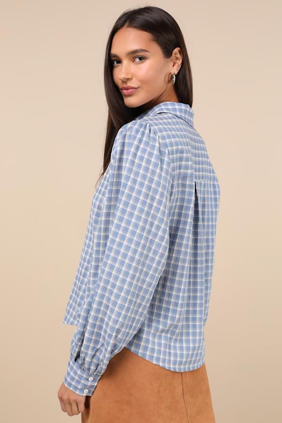 Charismatic Effect Blue Plaid Long Sleeve Button-Up Top Product Image