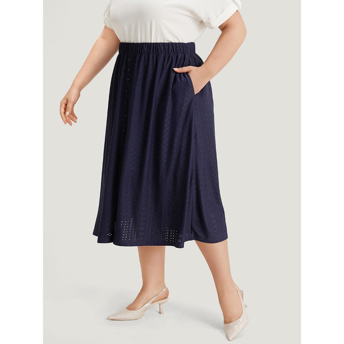 Plus Size Plain Elastic Waist Split Front Cropped Skirt Women Indigo Office Texture Low stretch Pocket Office Skirts BloomChic 12/L Product Image