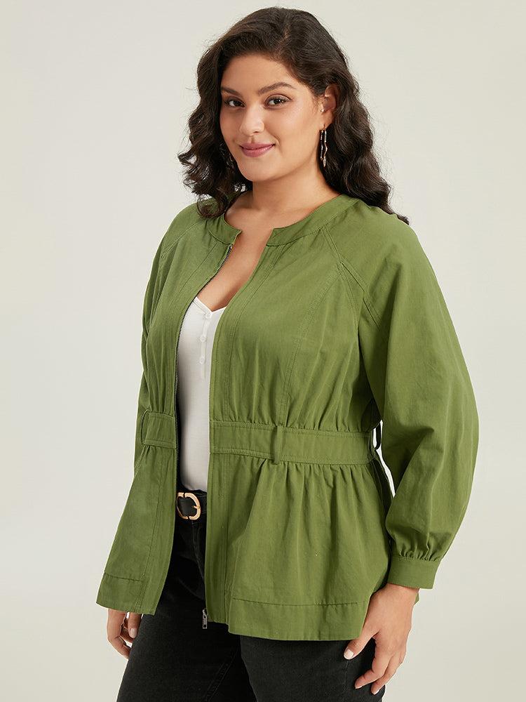 Solid Gathered Detail Belted Zipper Fly Coat Female Product Image