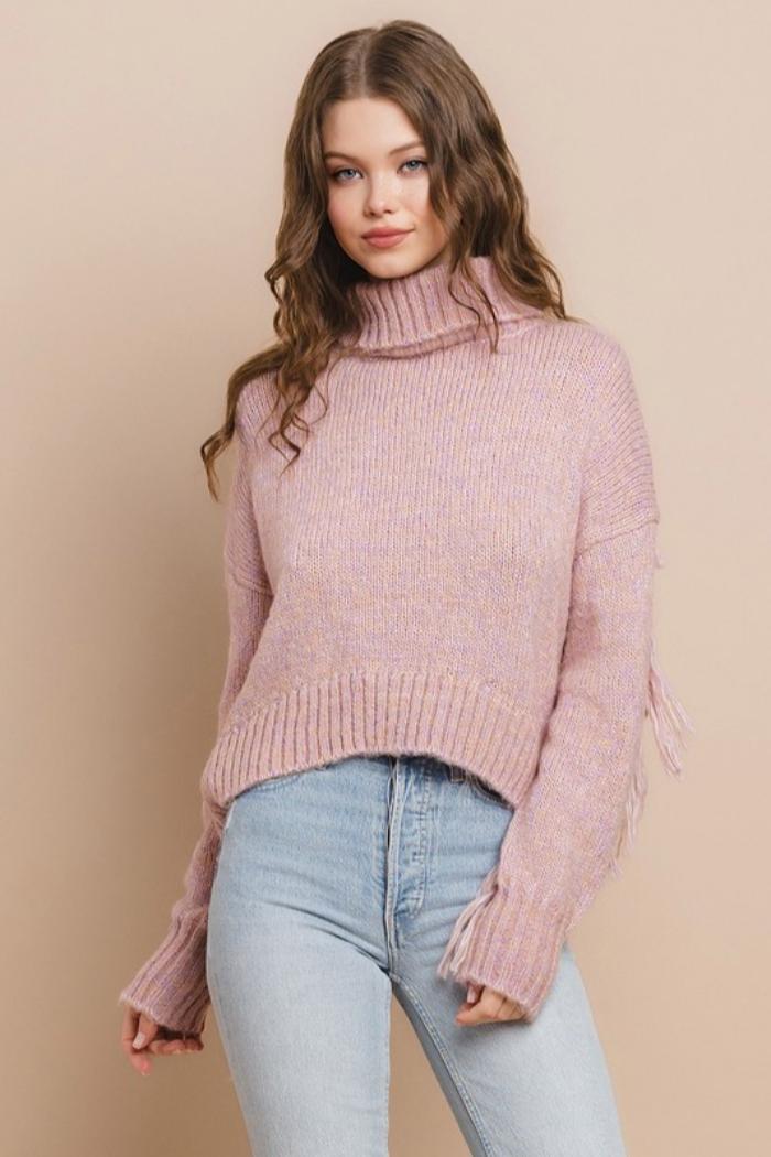 Turtleneck Fringe Det Sweater Product Image