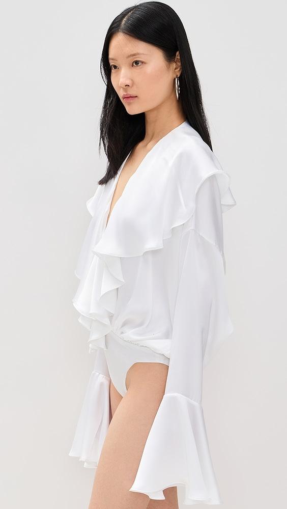 Norma Kamali Long Sleeve Deep V Ruffle Bodysuit | Shopbop Product Image