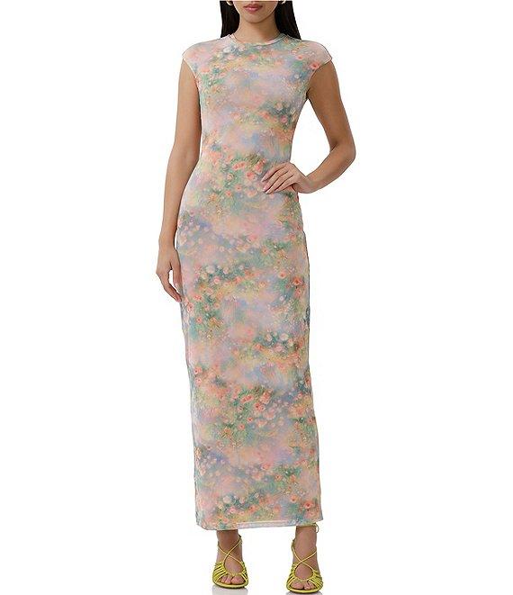 AFRM Cody Floral Print Mesh Crew Neck Cap Sleeve Maxi Dress Product Image