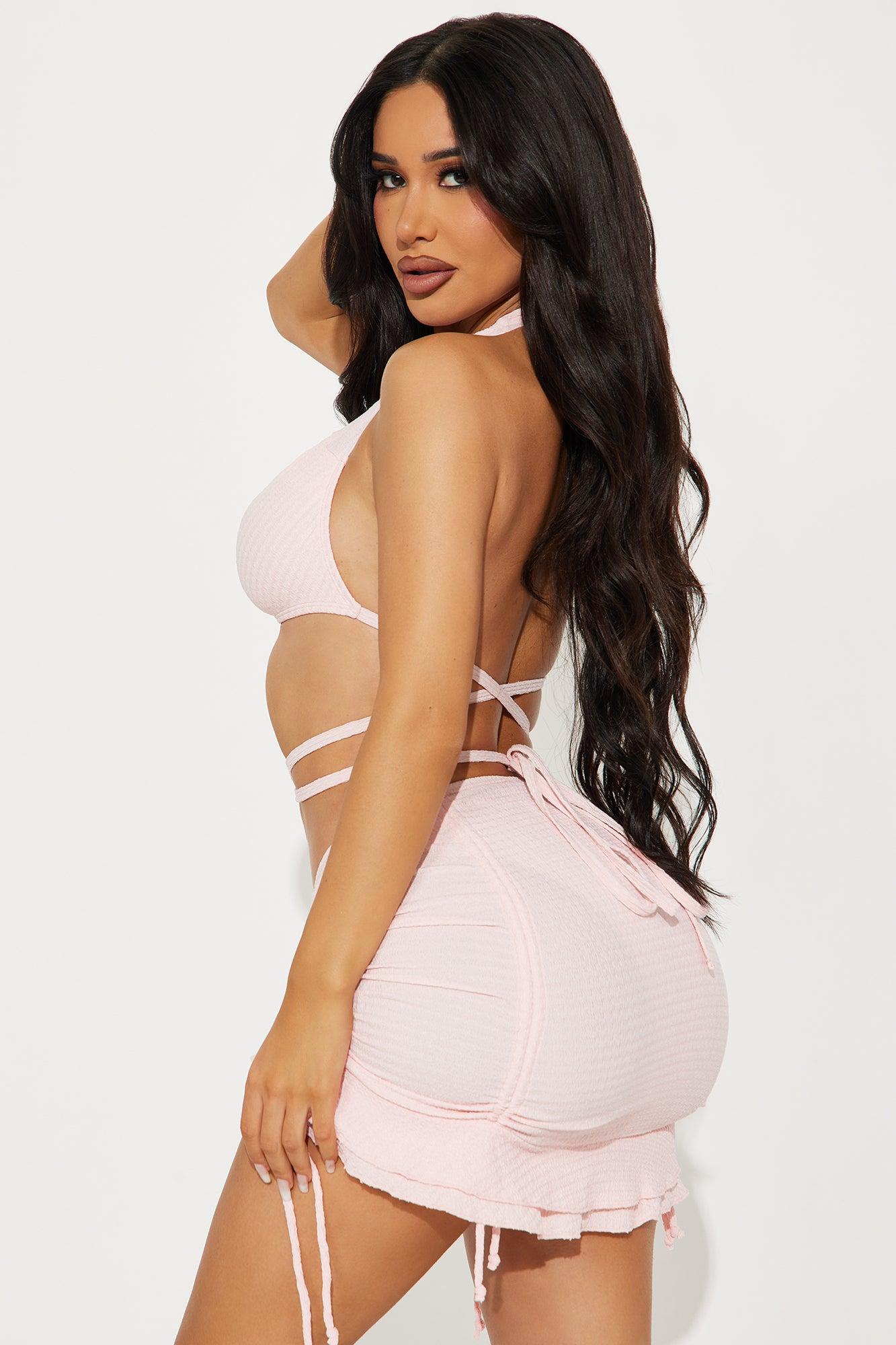 Angelica Textured O-Ring Ruched Skirt 3 Piece Bikini Set - Pink Product Image