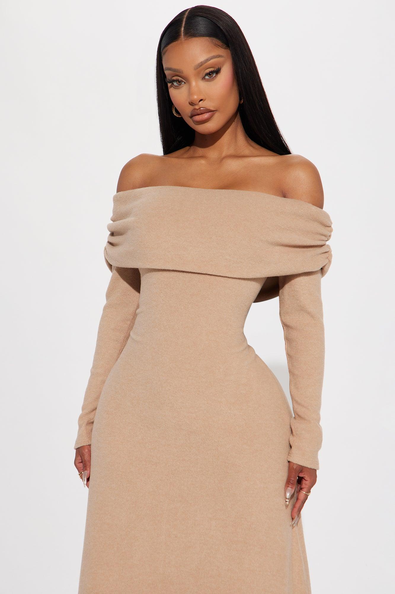 Tell Me More Off Shoulder Midi Dress - Khaki Product Image