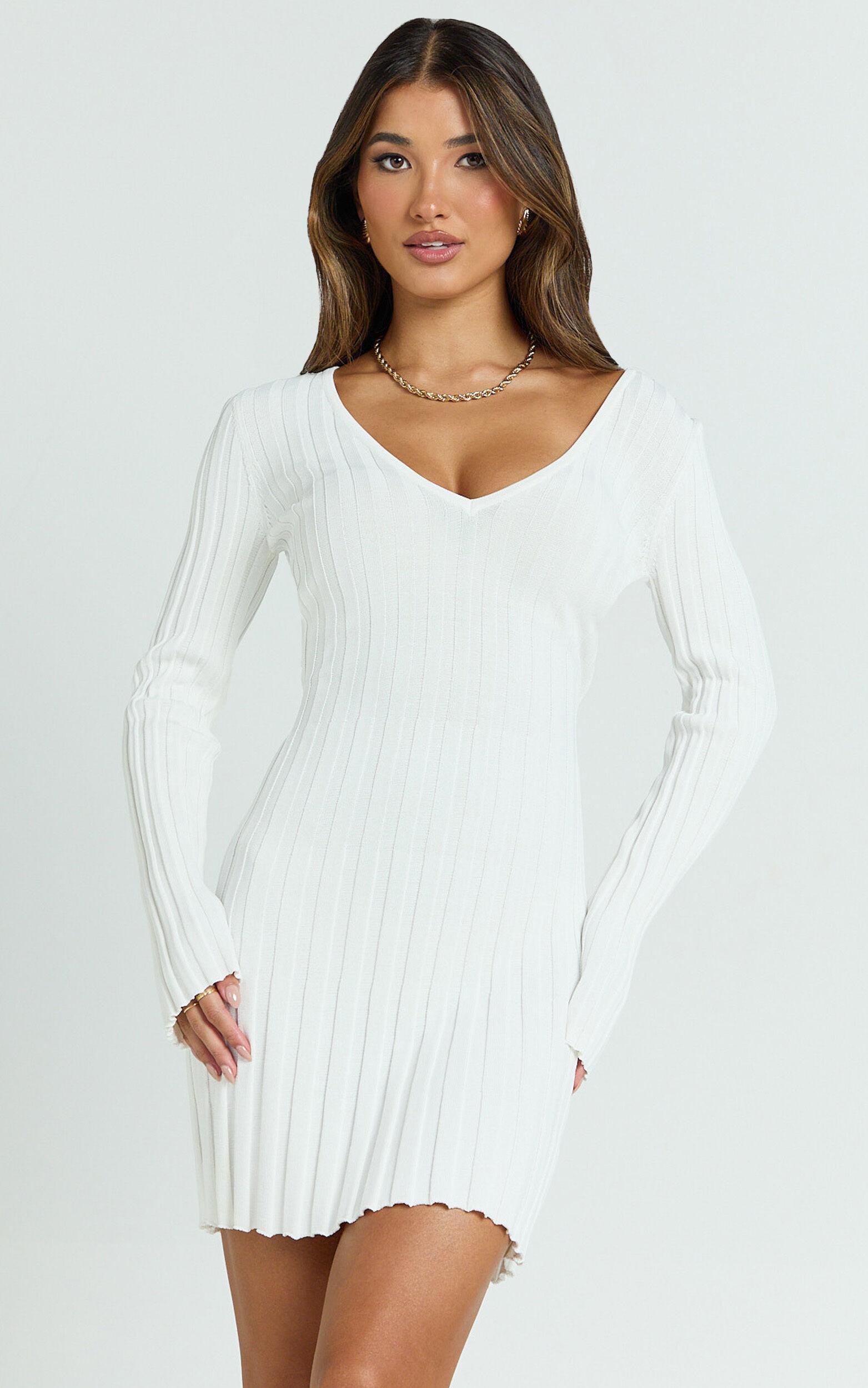 Carissa Mini Dress - V Neck Long Sleeve Knit Dress in White Product Image