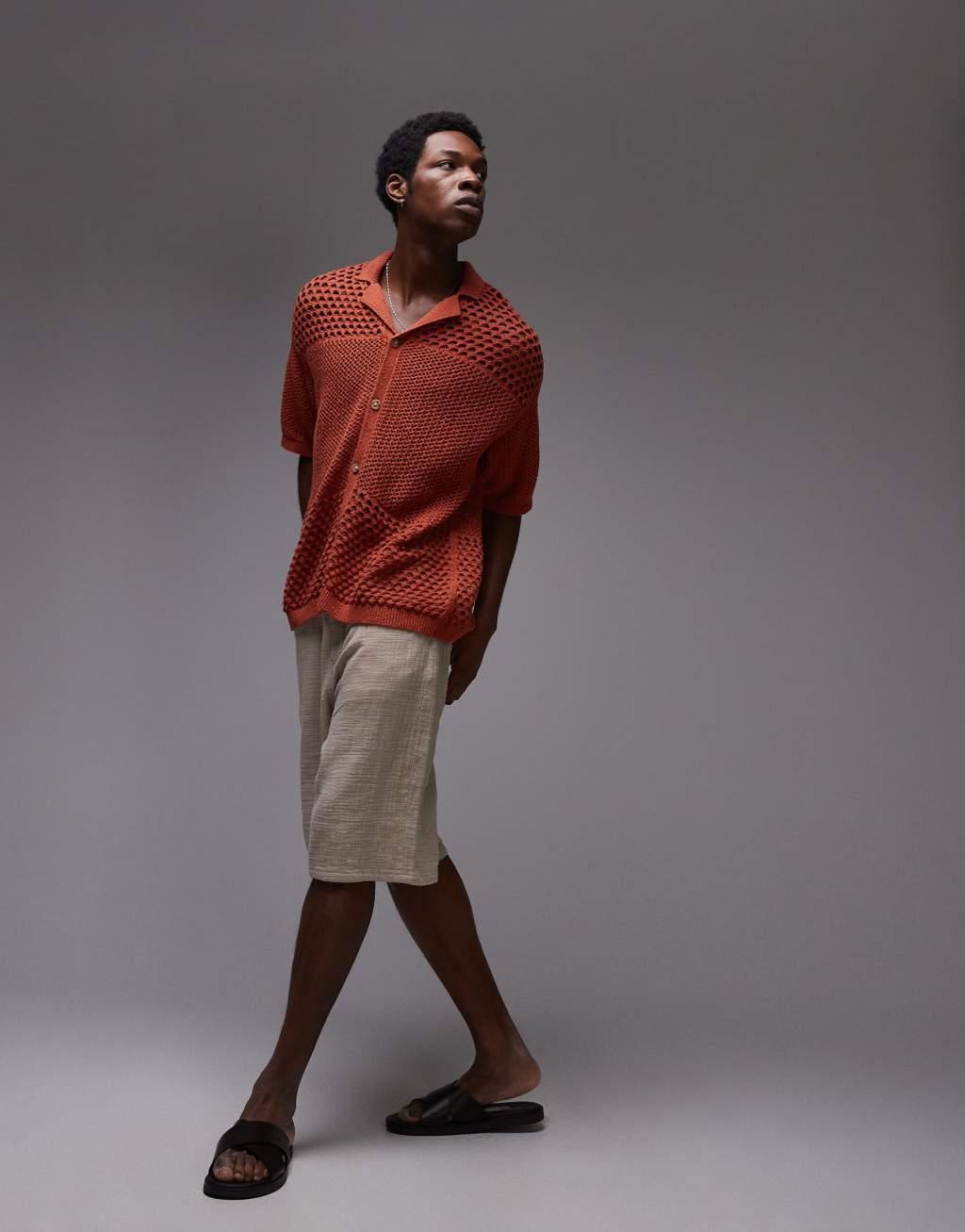 Topman open knit pattern polo in rust Product Image