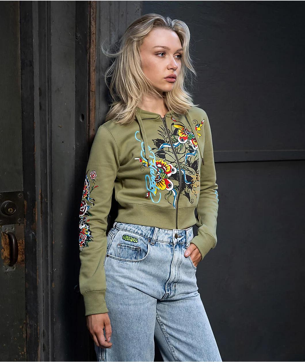 Ed Hardy Butterflies Y2K Olive Crop Zip Hoodie Product Image