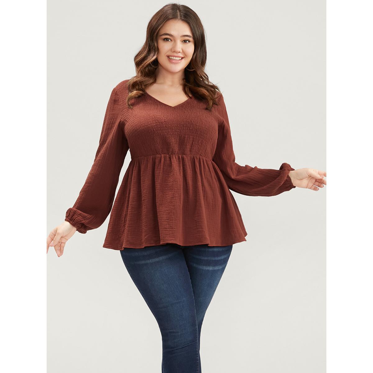 Plus Size Scarlet Solid V Neck Lantern Sleeve Shirred Ruffle Hem Blouse Women Elegant Long Sleeve V-neck Dailywear Blouses BloomChic 12/L Product Image