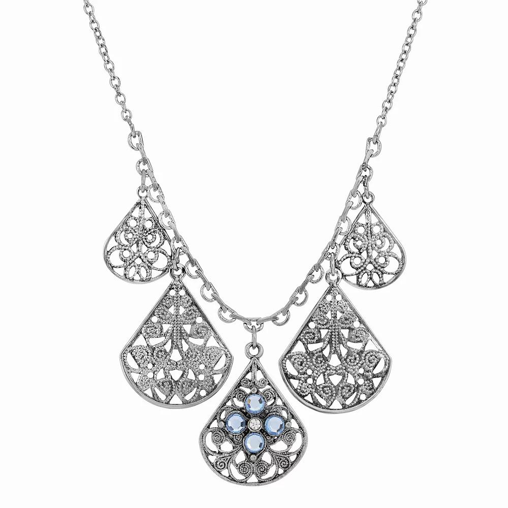 1928 Pewter Crystal Flower Filigree Teardrop Statement Necklace, Womens, Pink Product Image