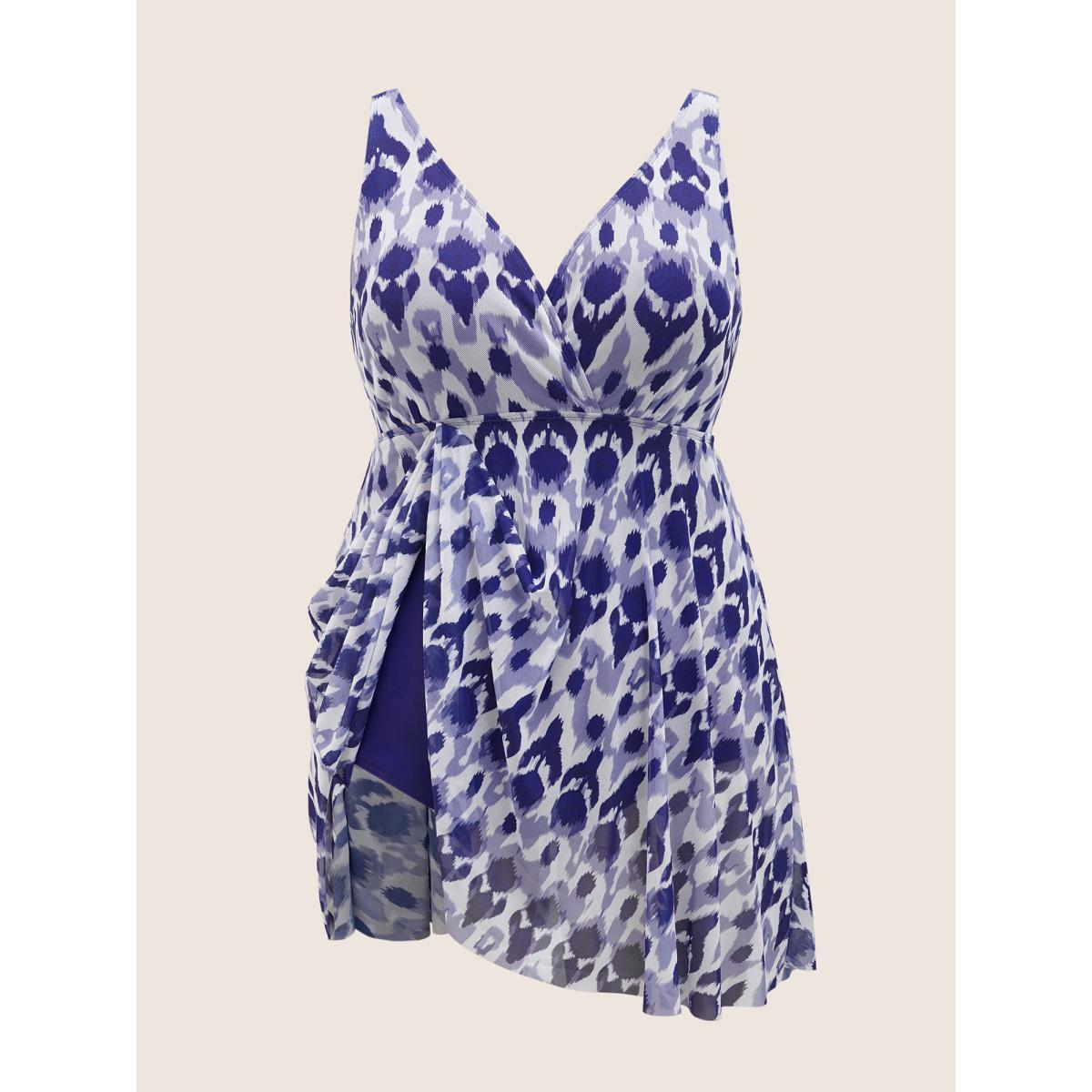 Plus Size Boho Print Overlap Collar Mesh Swim Dress Women's Swimwear Navy Beach Bodycon Overlap Collar High stretch Curve Swim Dresses BloomChic 10/M Product Image