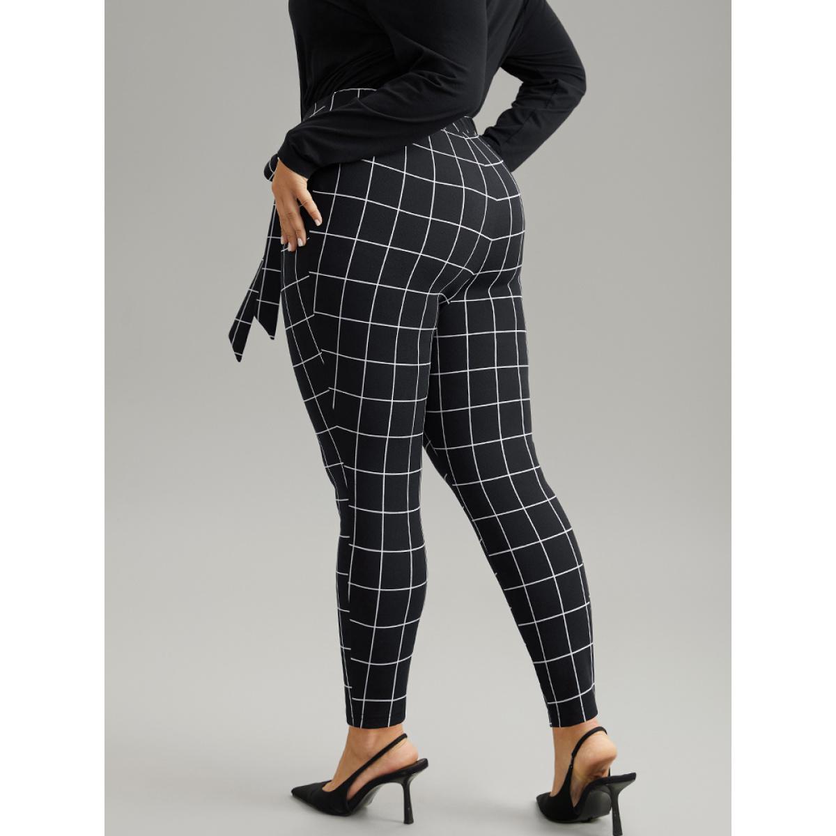Plus Size Plaid Elastic Waist Ties Bodycon Pants Women Black Elegant Bodycon High Rise Dailywear Pants BloomChic 12/L Product Image