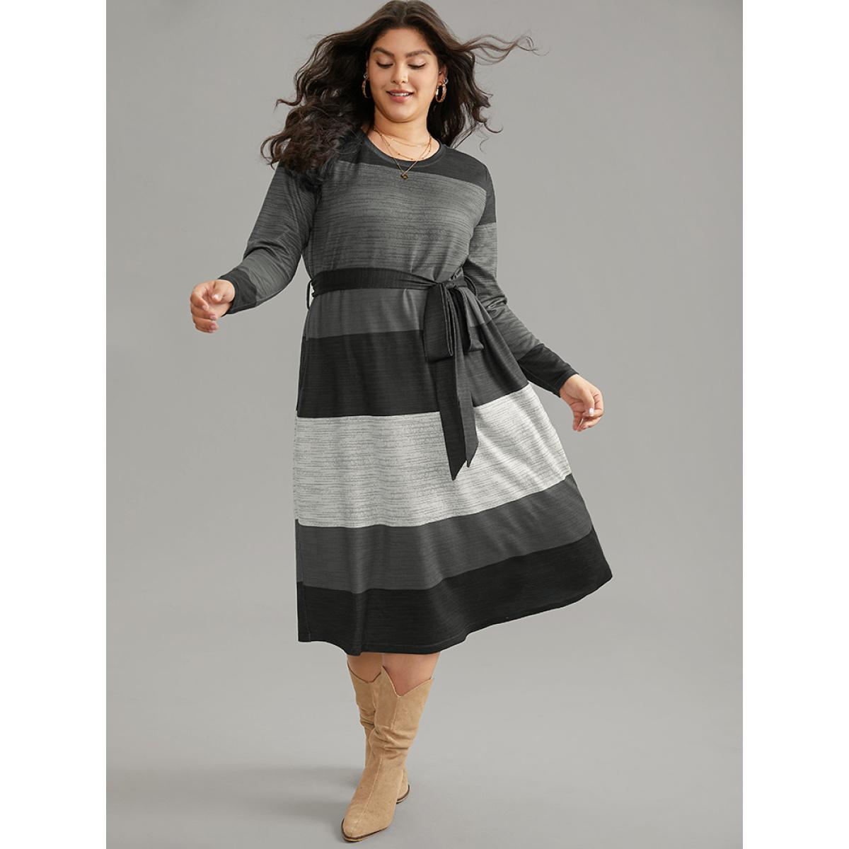 Plus Size Colorblock Contrast Heather Belted Dress Gray Women Casual Non Round Neck Long Sleeve Curvy Midi Dress BloomChic 28/5X Product Image