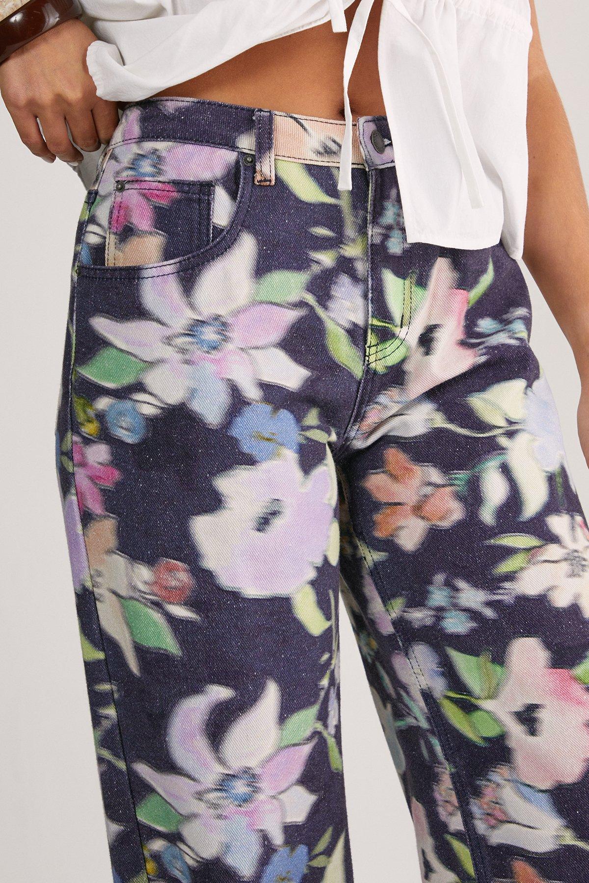 Floral Print Denim Wide Leg Jean Product Image