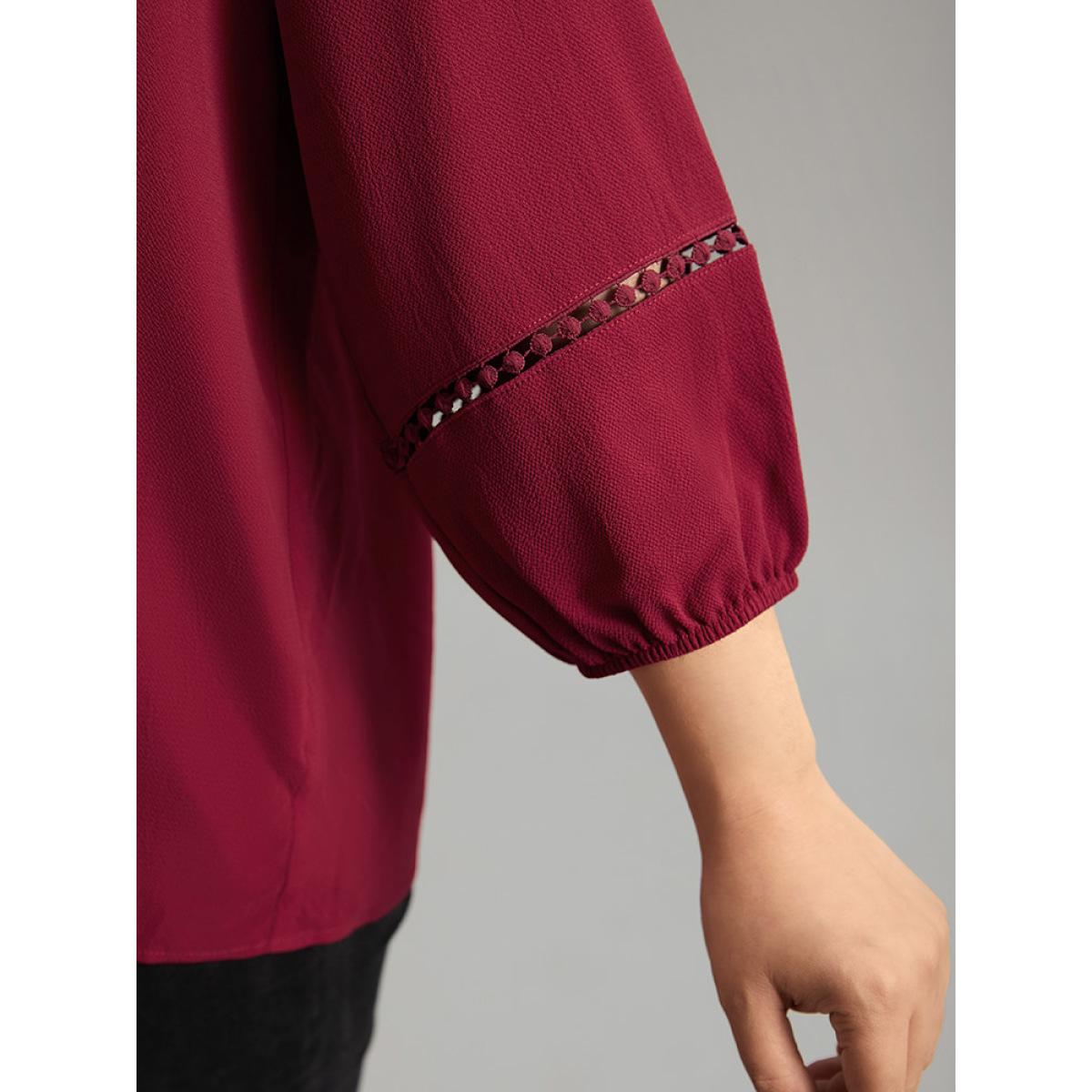 Plus Size Scarlet Plain Lace Patchwork Gathered Lantern Sleeve Blouse Women Elegant Elbow-length sleeve V-neck Dailywear Blouses BloomChic 28/5X Product Image