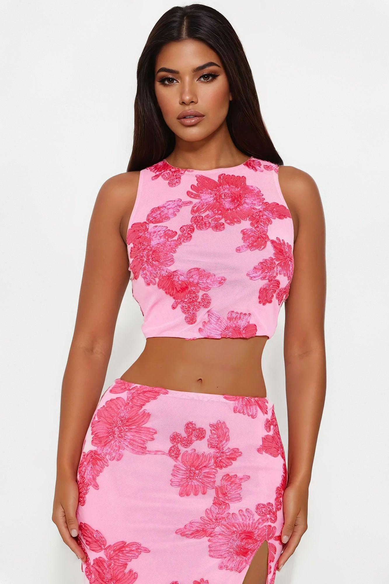 Cherry Blossom Chic Mesh Maxi Skirt Set - Pink Female Product Image