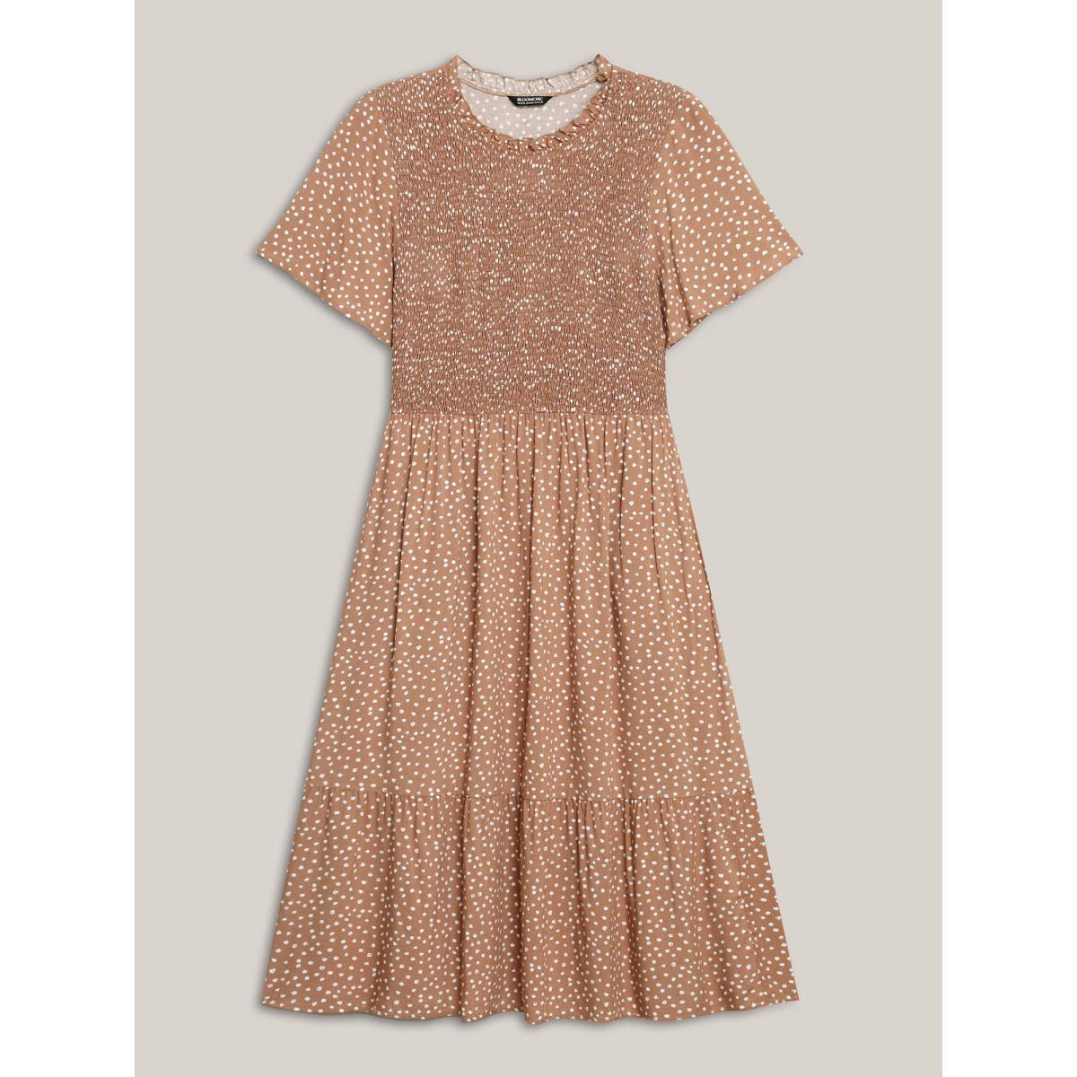 Plus Size Shirred Polka Dots Pockets Midi Dress Tan Women Round Neck Short sleeve Curvy BloomChic 18-20/2X Product Image