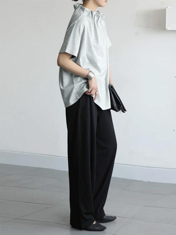 Loose Short Sleeves Solid Color Stand Collar T-Shirts Tops Product Image