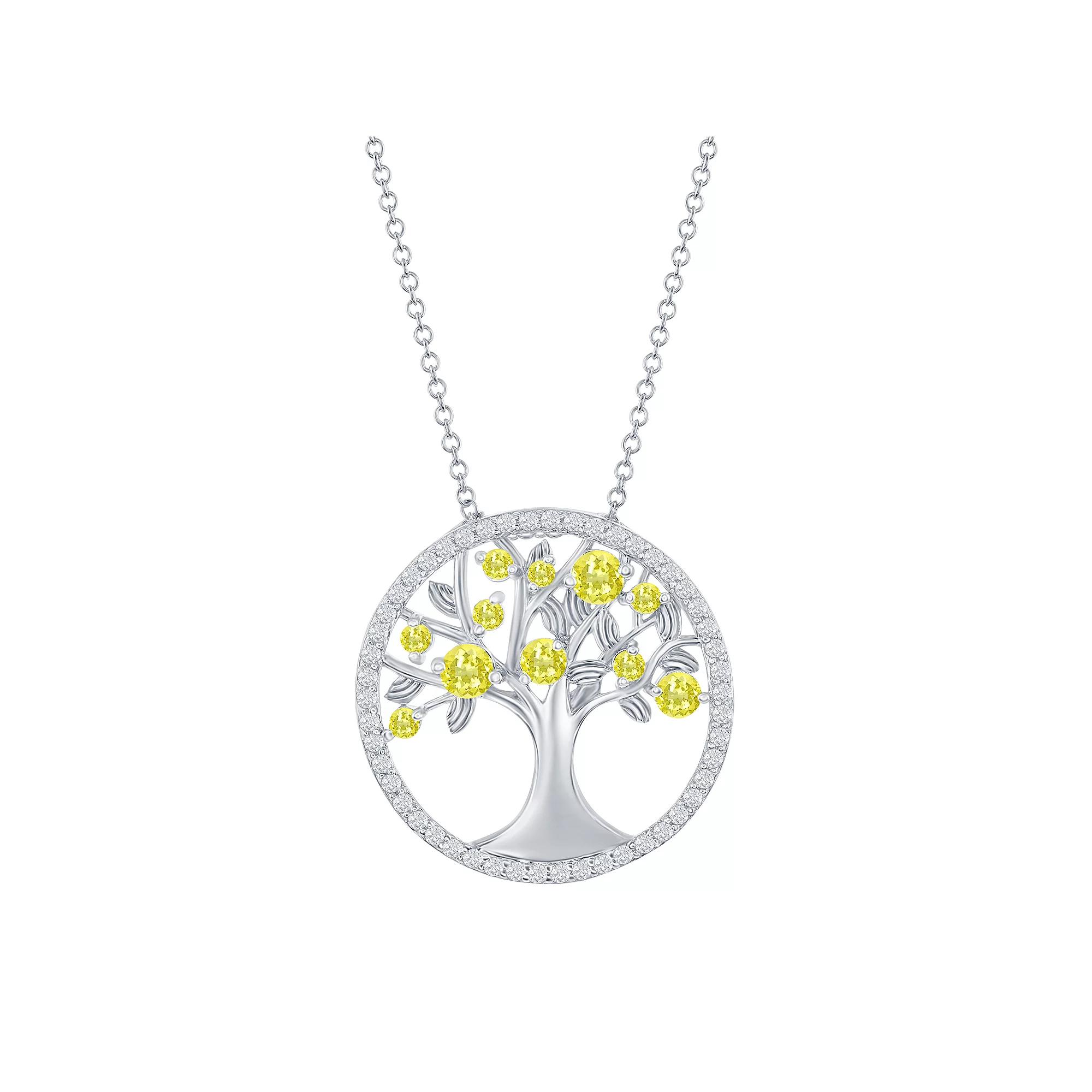 Sterling Silver Yellow Cubic Zirconia Tree Of Life Necklace, Women's Product Image