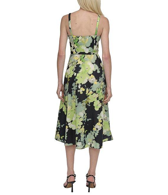DKNY by Donna Karan Cotton Poplin Floral Sweetheart Neck Sleeveless Belted A-Line Midi Dress Product Image
