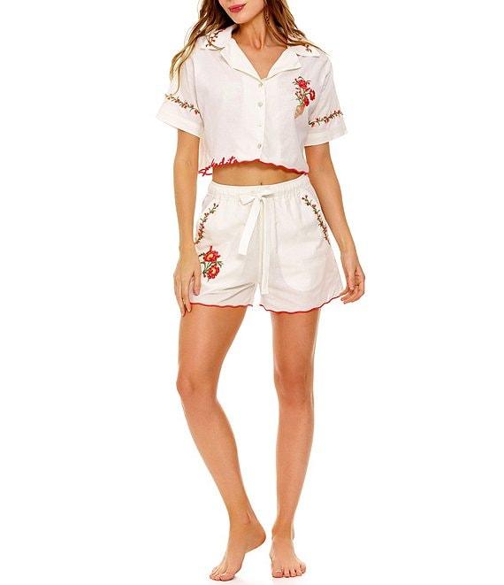 Agua Bendita Itsy Floral Embroidered Notch Collar Short Sleeve Crop Shirt Product Image