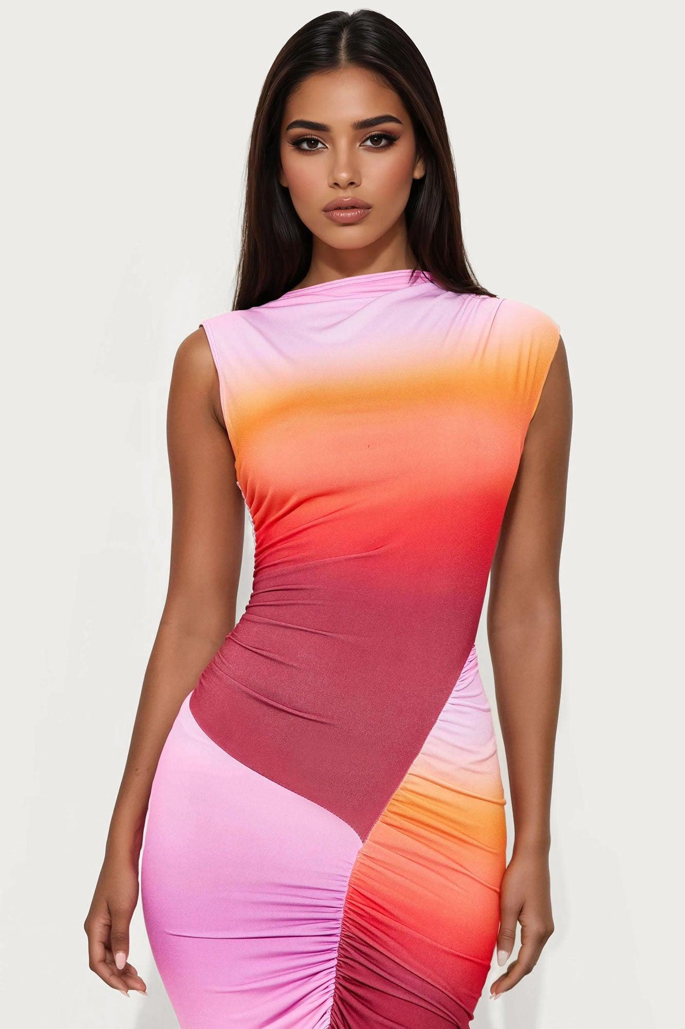 Candy Skies Ombre Asymmetrical Maxi Dress - Orange/combo Female Product Image