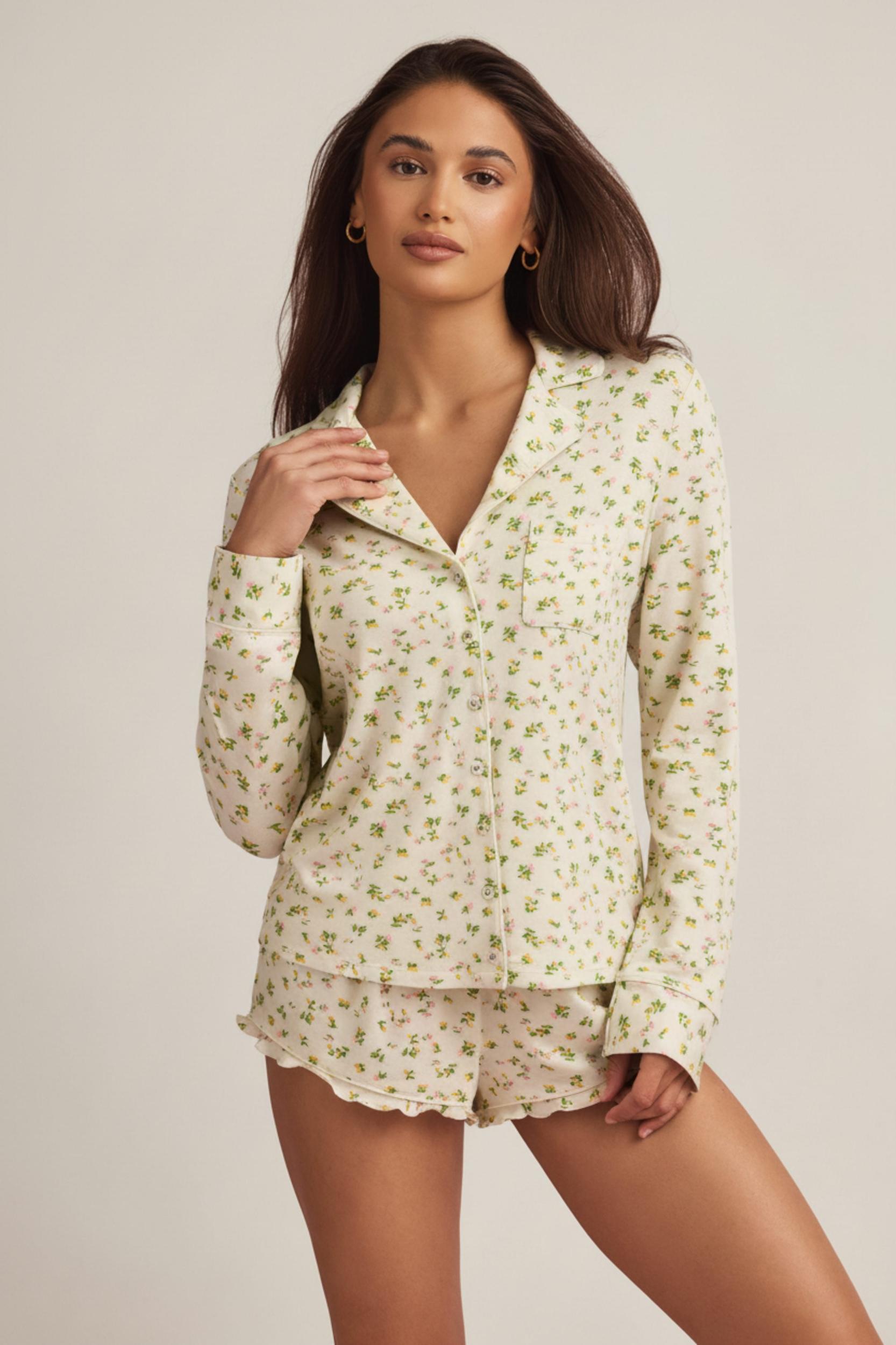 Modal Ruffle-Trim Pyjama Shorts in Lemon Print Product Image