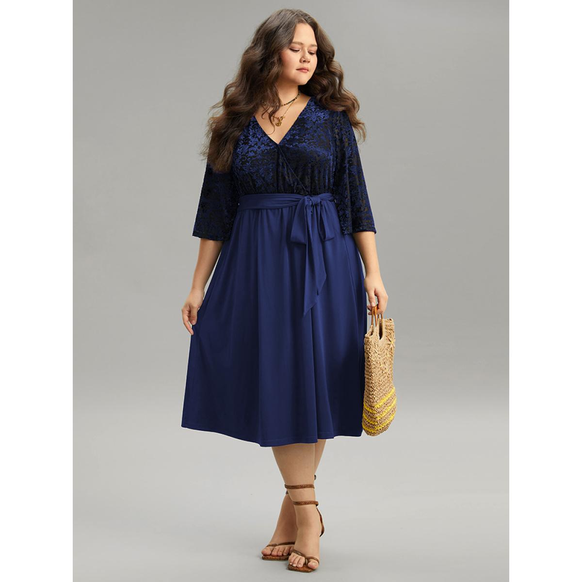 Plus Size Silhouette Floral Print Belted Patchwork Velvet Dress DarkBlue Women Vacation Wrap Overlap Collar Elbow-length sleeve Curvy Midi Dress BloomChic 14-16/1X Product Image