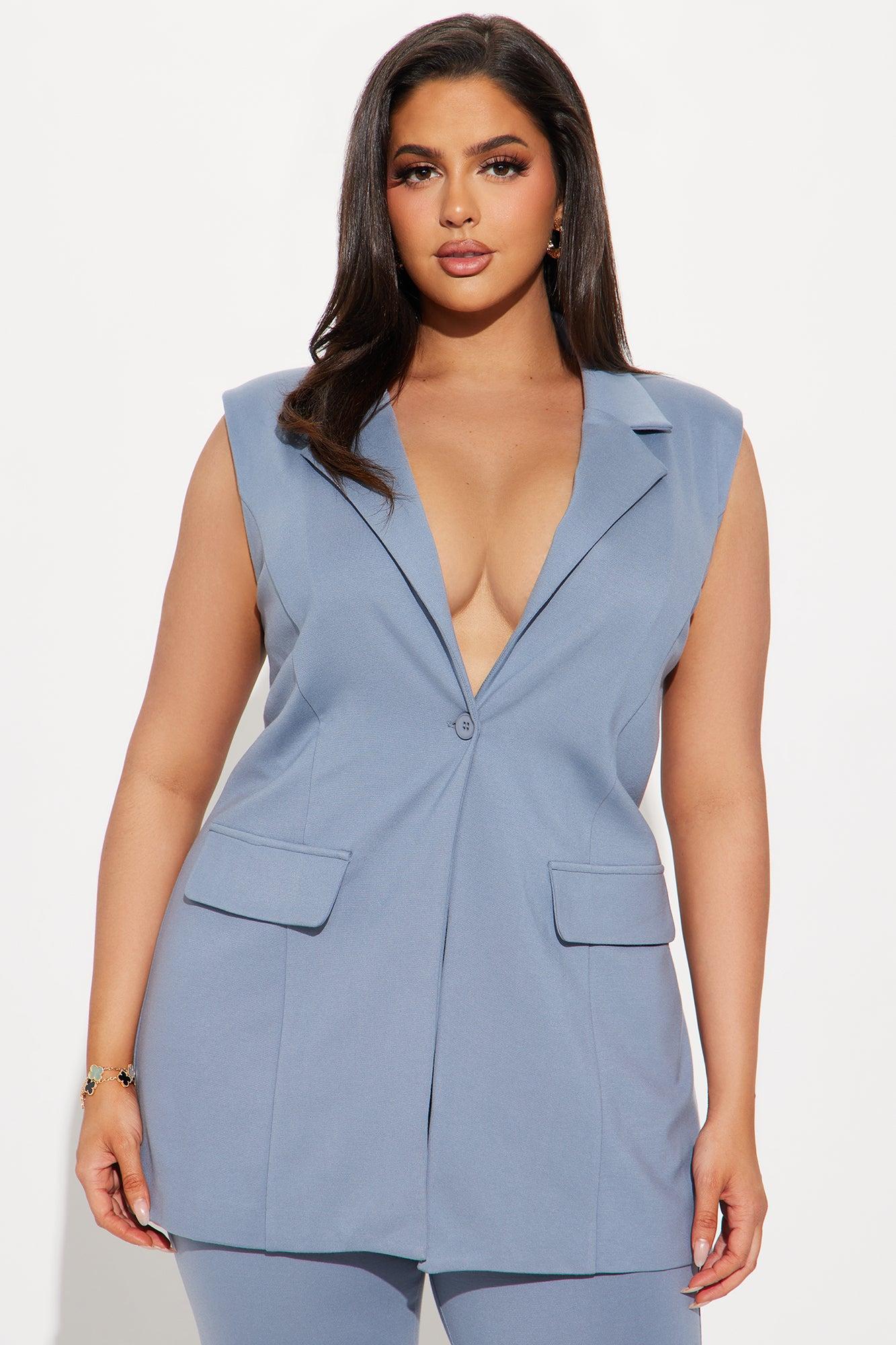 The Mia Double Lined Ponte Long Vest Pant Set - Dusty Blue Product Image