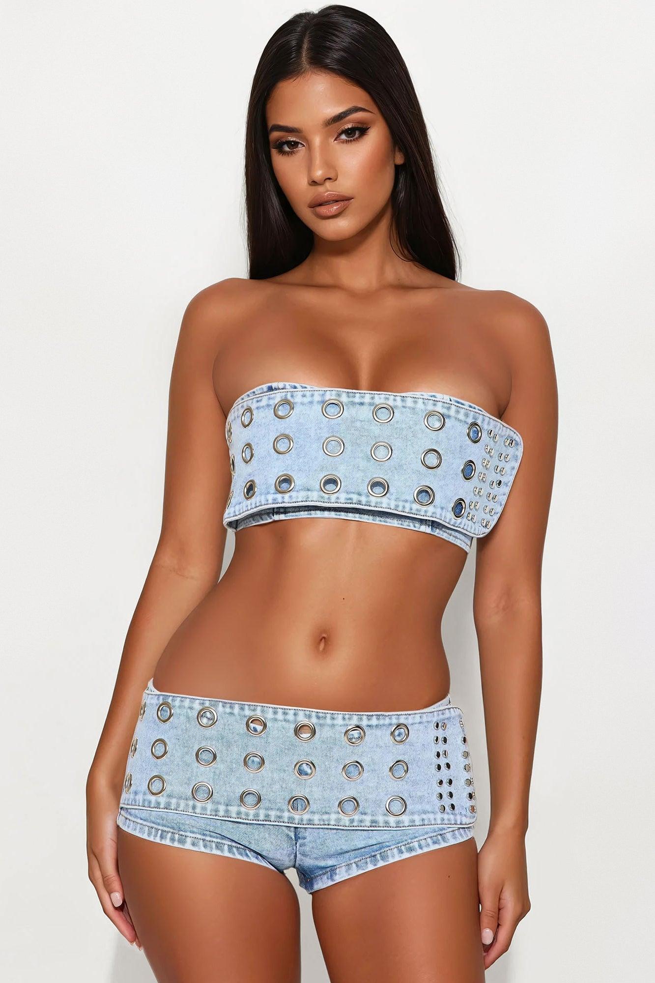 The Baddie Fit Denim Micro Short Set - Light Wash Product Image