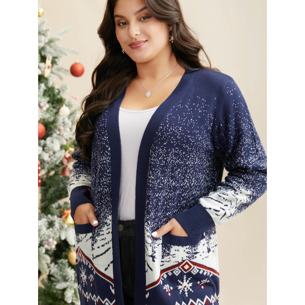 Plus Size Snowy Trees Print V-neck Open Cardigan Indigo Women Casual Loose Long Sleeve Everyday Cardigans BloomChic 12/L Product Image