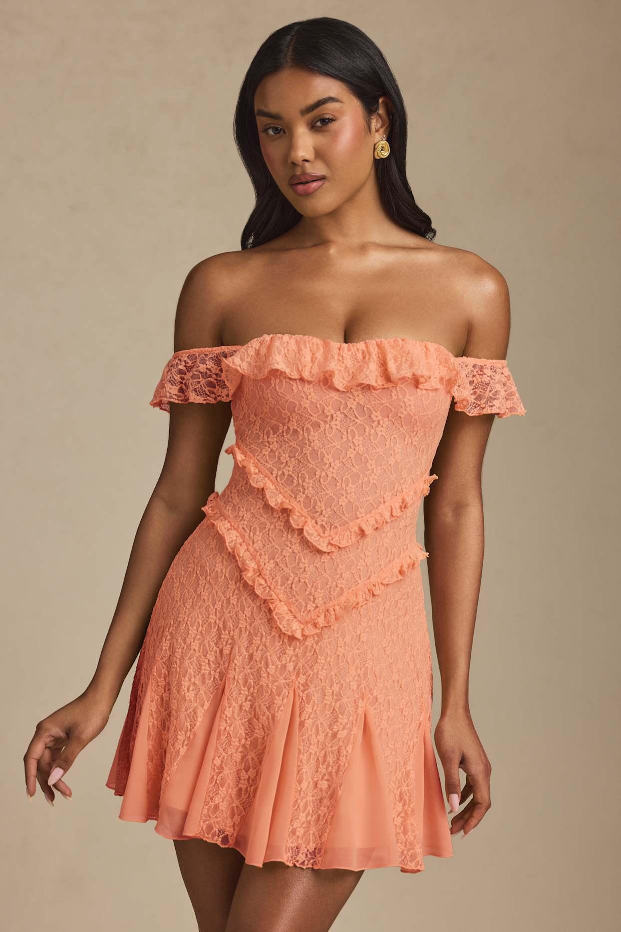 Off-Shoulder Lace A-Line Mini Dress in Peach Product Image