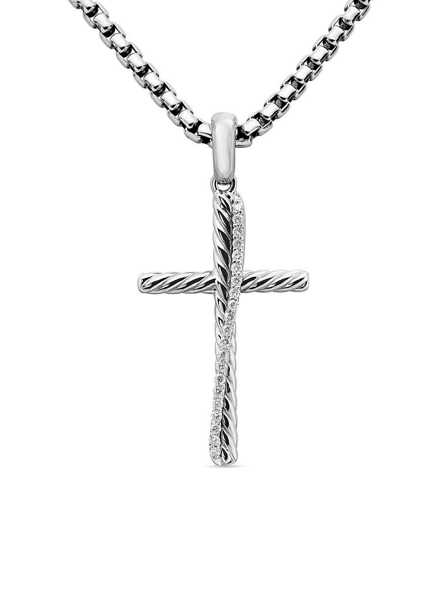 Womens Crossover Cross Pendant in Sterling Silver with Diamonds, 30.2mm Product Image