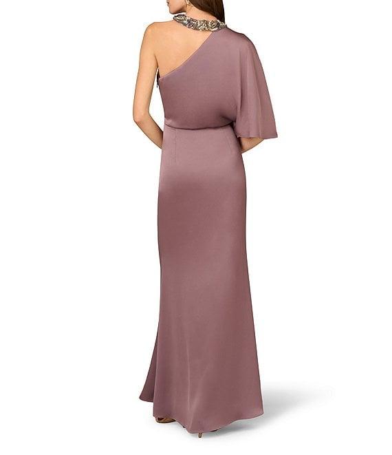 Aidan Mattox Satin Crepe Back Asymmetrical One Shoulder Beaded Neck Short Sleeve Side Twist Column Gown Product Image