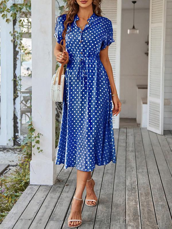 A-Line High Waisted Buttoned Drawstring Polka-Dot V-Neck Midi Dresses Product Image