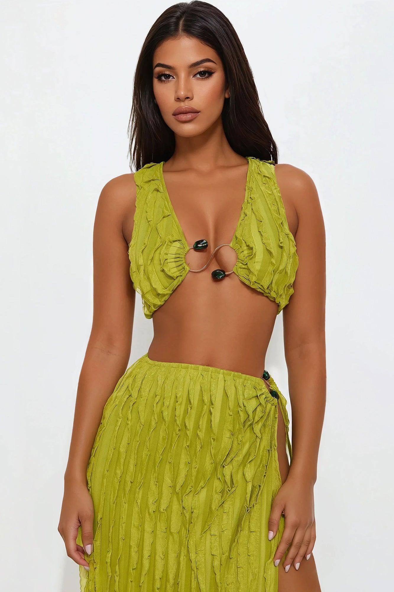 Oceanfront Elegance Maxi Skirt Set - Chartreuse Product Image